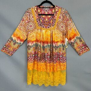 One World XL Boho Tunic Top Lace Hem Coachella Floral Festival Summer Bright